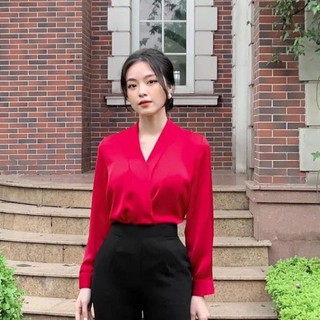 Áo sơ mi lụa cổ V nẹp dài tay - áo sơ mi công sở