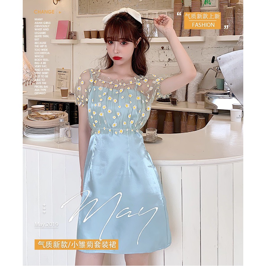 [VD078] Set đầm 2 dây kèm áo lưới hoa cúc (có ảnh thật)