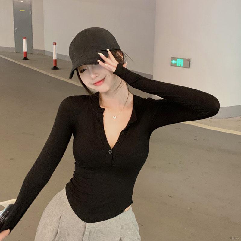 Áo thun tay dài cổ chữ V màu sắc đơn giản phong cách Hàn Quốc cho nữ