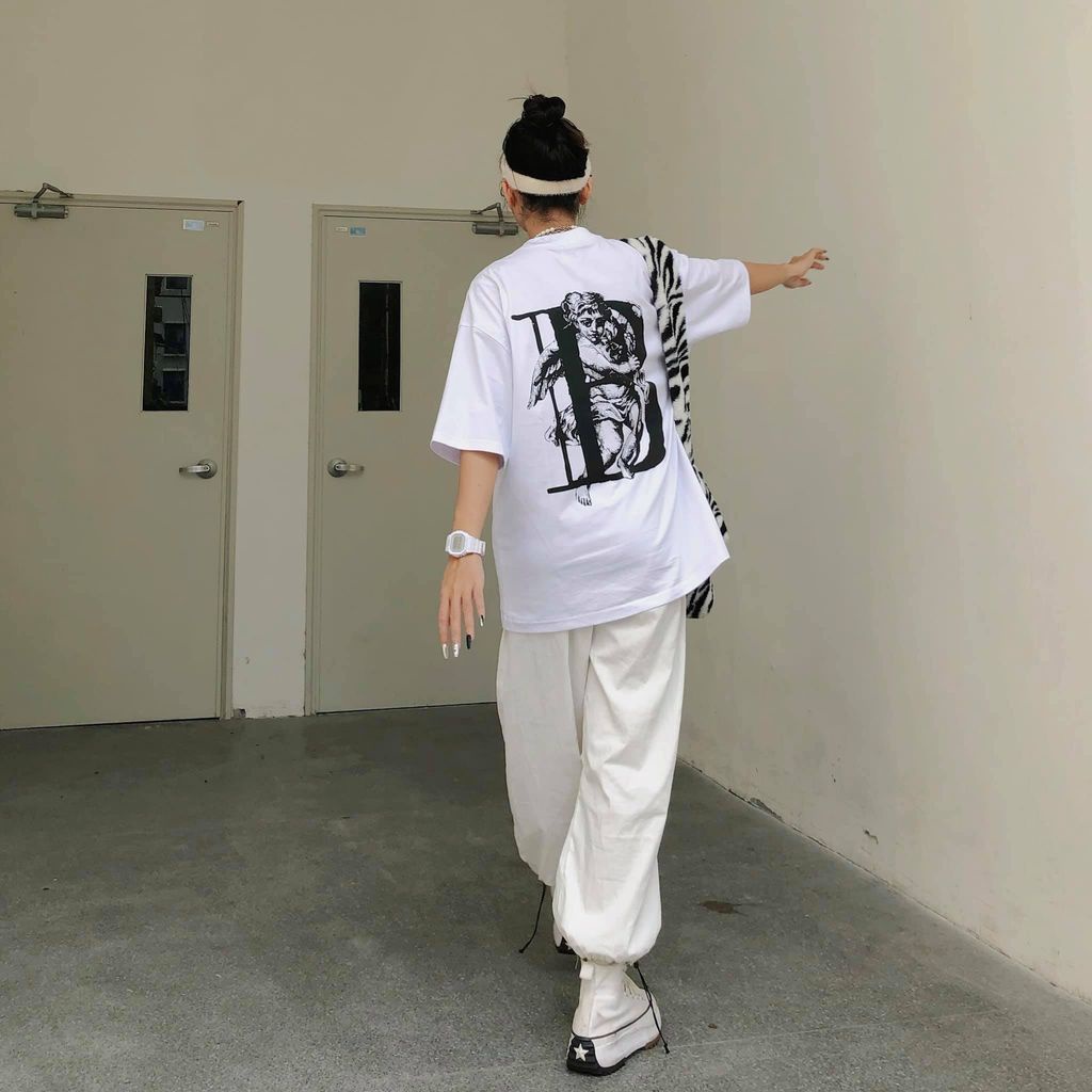 áo thun cotton tay lỡ Angel Thiên thần chữ B , from rộng phông nam nữ unisex hottrend