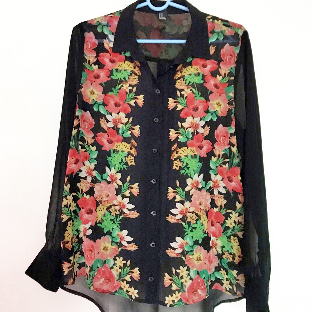 SƠ MI FOREVER 21 – ĐEN - HOẠ TIẾT HOA LÁ - DÀI TAY ĐEN - SIZE M (165/92A) - XÁCH TAY NETHERLANDS - FIT LADY