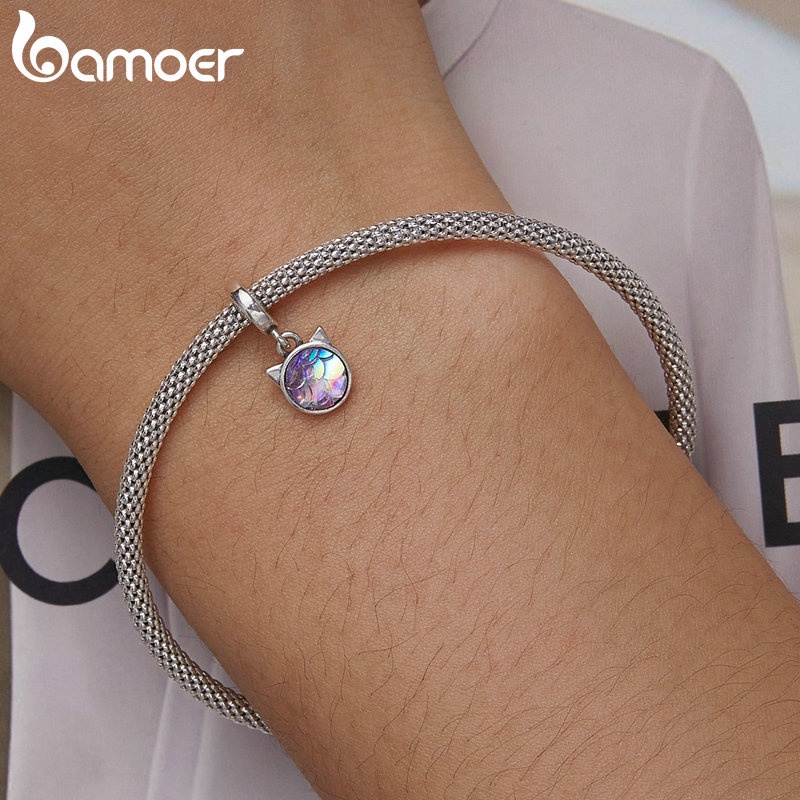 Mặt vòng cổ BAMOER bằng bạc 925 hình mèo đính đá thời trang dành cho nữ