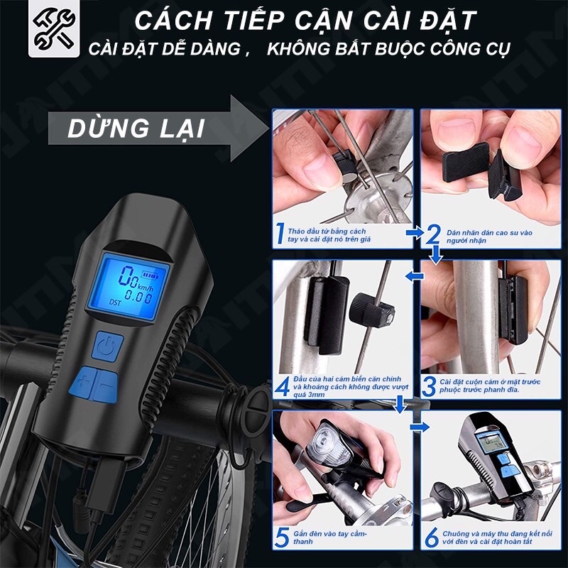 Đèn Xe Đạp Có Còi 6 Chế Độ Kiêm Đồng Hồ KM Đo Tốc Độ Xe Đạp Pin Sạc 4 Chế Độ Chiếu Sáng Led T6 Và Đèn Tích Hợp Còi