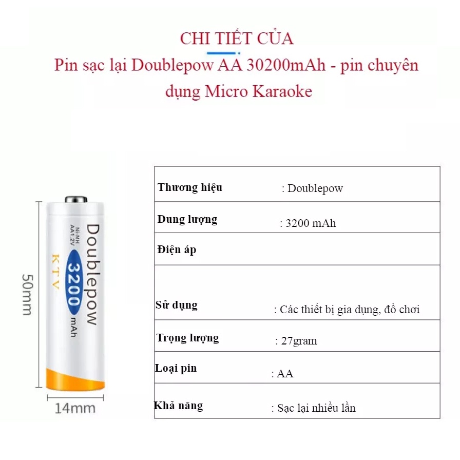 Pin sạc AA Doublepow dung lượng 3200 mAh - Sạc lại 1200 lần - Hàng chính hãng