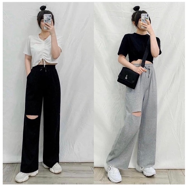 Quần Nỉ Thun Ống Rộng Rách Gối Nam Nữ ,Quần Baggy Cạp Cao Thun Dài Rách Đùi Unisex 2 Màu Đen Xám ,LAMASS