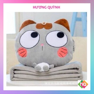 (HQ)Bộ chăn gối gấu bông mèo xám