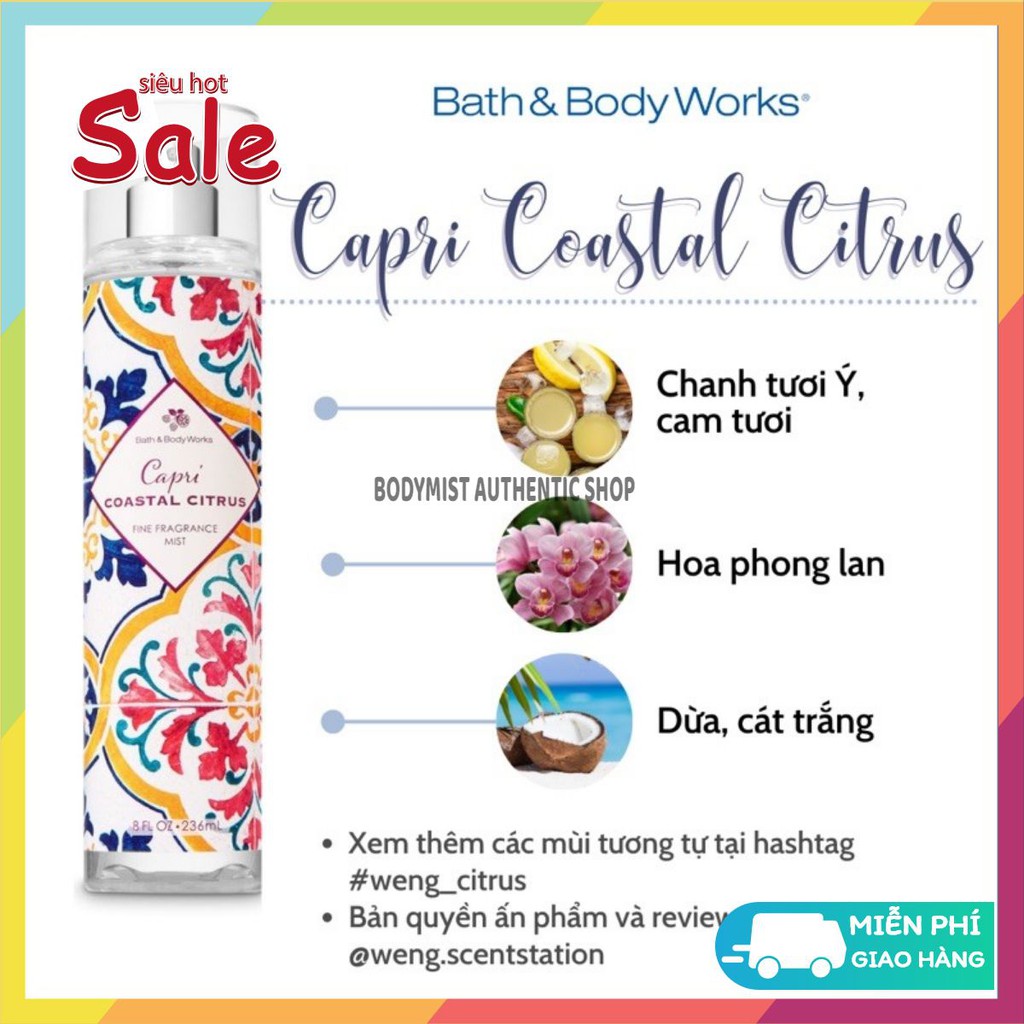 Xịt thơm toàn thân Bath & Body Works mùi Capri Coastal Citrus [𝑩𝒐𝒅𝒚𝒎𝒊𝒔𝒕 𝑨𝒖𝒕𝒉𝒆𝒏𝒕𝒊𝒄] | Thế Giới Skin Care