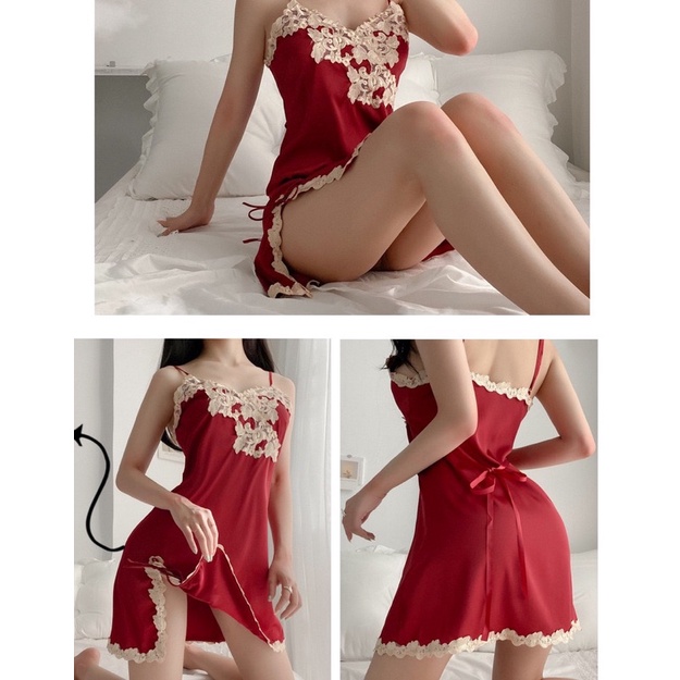 Váy ngủ lụa trơn xẻ đùi hoa nổi sexy VN250