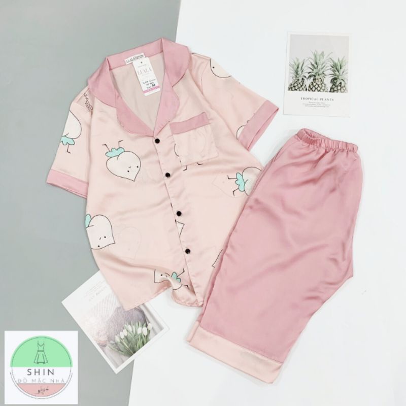 Bộ pyjama lụa quần lửng hồng siêu xinh ảnh thật