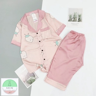 Bộ pyjama lụa quần lửng hồng siêu xinh ảnh thật