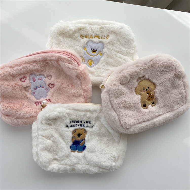 Túi Đựng Bút / Tiền Xu Bằng Lông Nhung Mềm Thêu Họa Tiết Hoạt Hình Phong Cách Hàn Quốc Cho Nữ Ốp