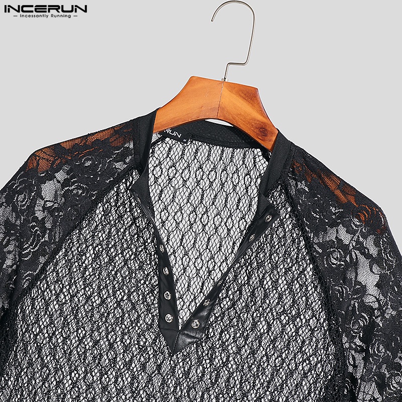 INCERUN Áo Lưới Xuyên Thấu Ngắn Tay Cổ V Gợi Cảm Cho Nam