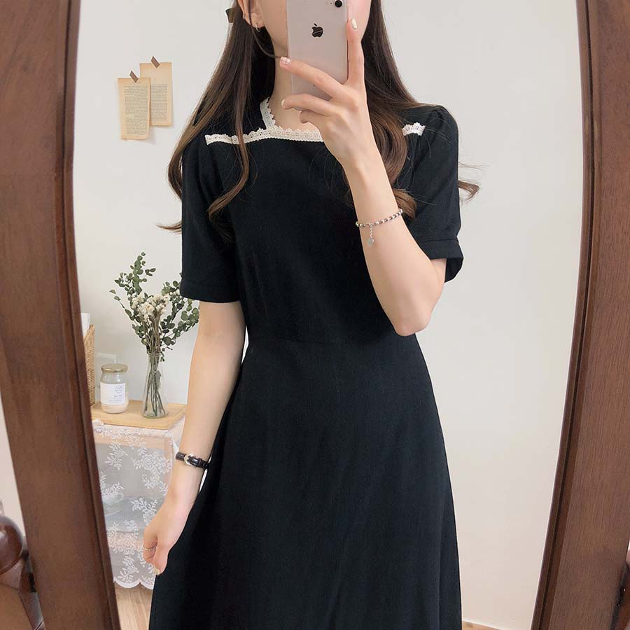 Váy Vintage - Đầm Nữ Cổ Vuông Phối Ren 4 Màu Đơn Giản | BigBuy360 - bigbuy360.vn