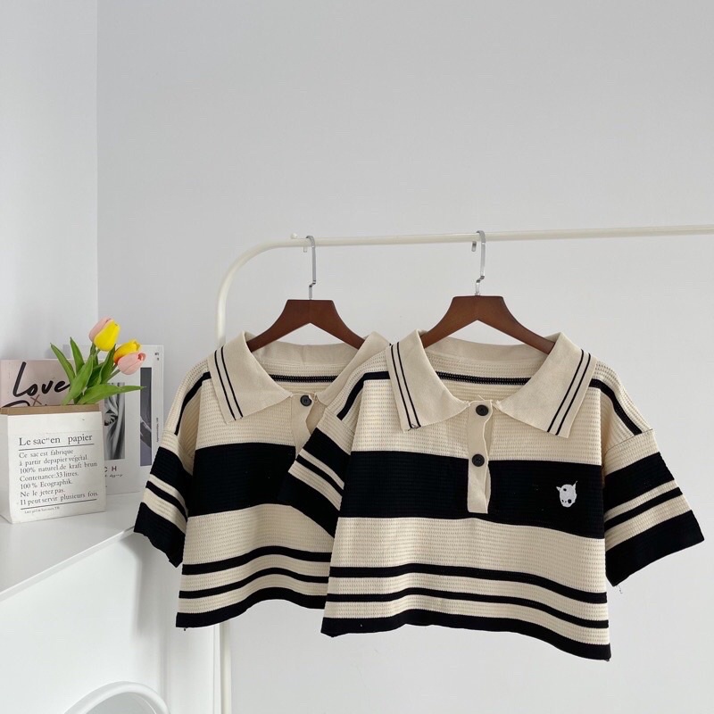 Áo croptop nữ len kẻ dệt kim dáng rộng tay ngắn polo cổ đức phong cách Hàn Quốc cá tính (TTA132)