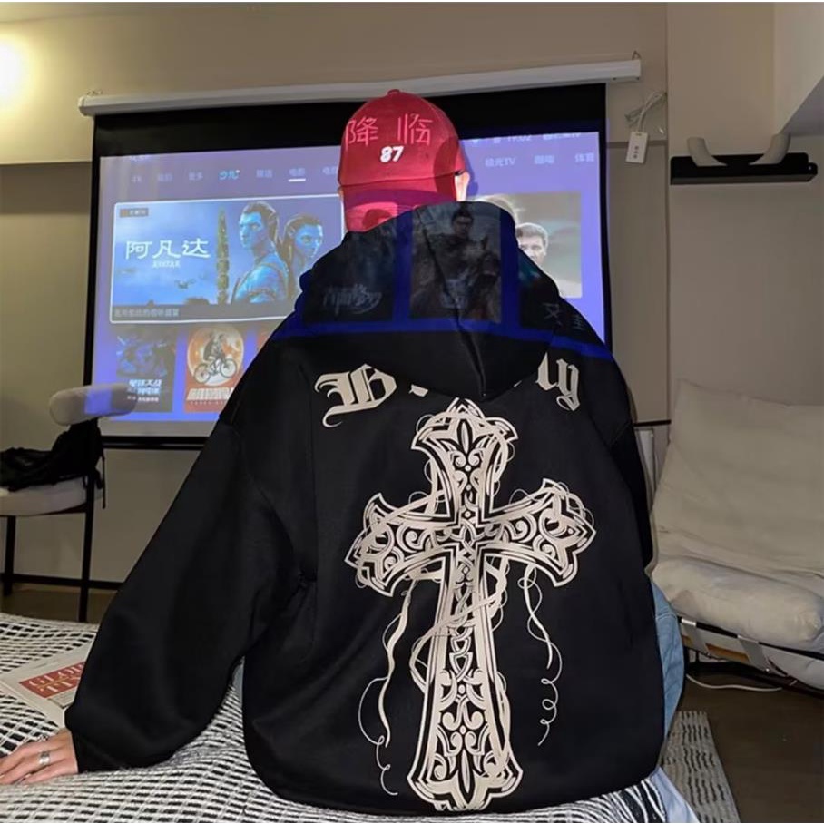 Áo Hoodie Dài Tay Dáng Rộng In Chữ Thập Cá Tính Cho Nam Nữ Cỡ M-3XL