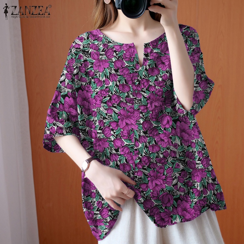 Áo kiểu Zanzea tay ngắn cổ tròn in họa tiết hoa phong cách vintage dành cho nữ