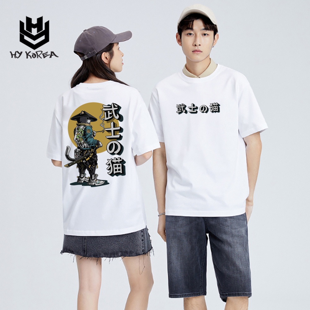 Áo Thun Tay Lỡ Unisex 100 Cotton HY Korea Form Rộng Thoáng Mát In Hình Mèo Chữ Nhật 526.
