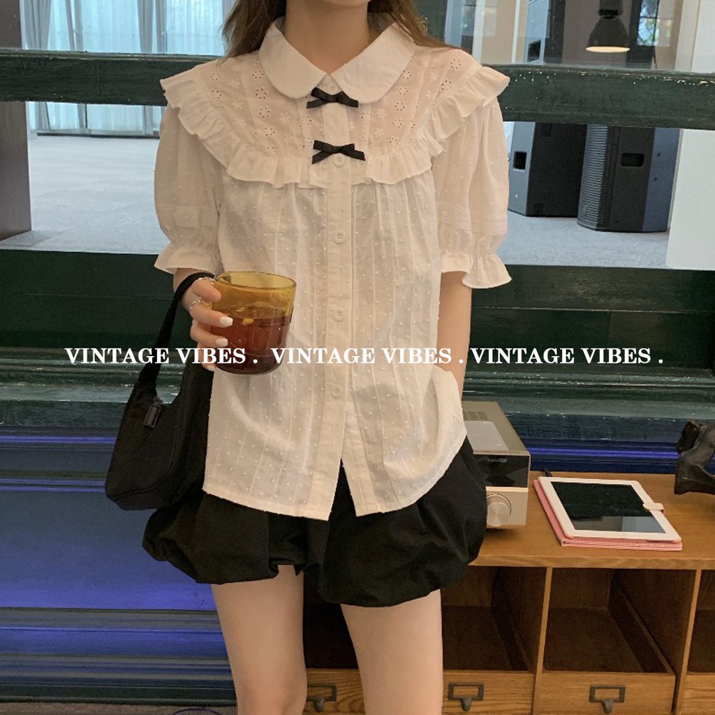 Áo babydoll cổ sen tay phồng phối nơ tiểu thư (hàng QC) - Ảnh thật | BigBuy360 - bigbuy360.vn