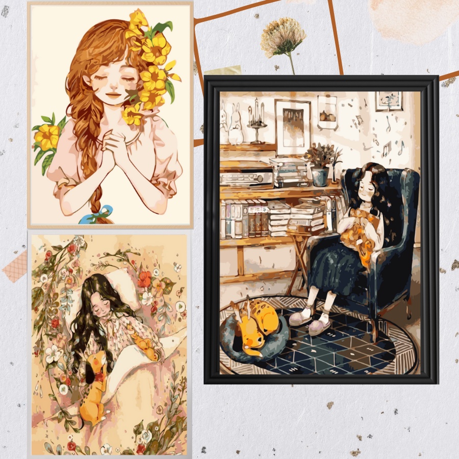 Combo 3 Tranh Sơn Dầu Số Hoá Tự Tô Màu Theo Số Mẫu Cô Bé Hồn Nhiên Chưa Căng Khung Kèm Màu Acrylic Kích Thước 40x50cm