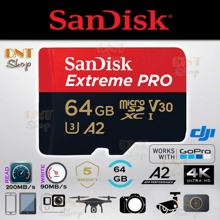 Thẻ nhớ MicroSDXC SanDisk Extreme PRO A2 - 64GB V30 U3 Class 10 UHS-I 200MB/s 170MB/s