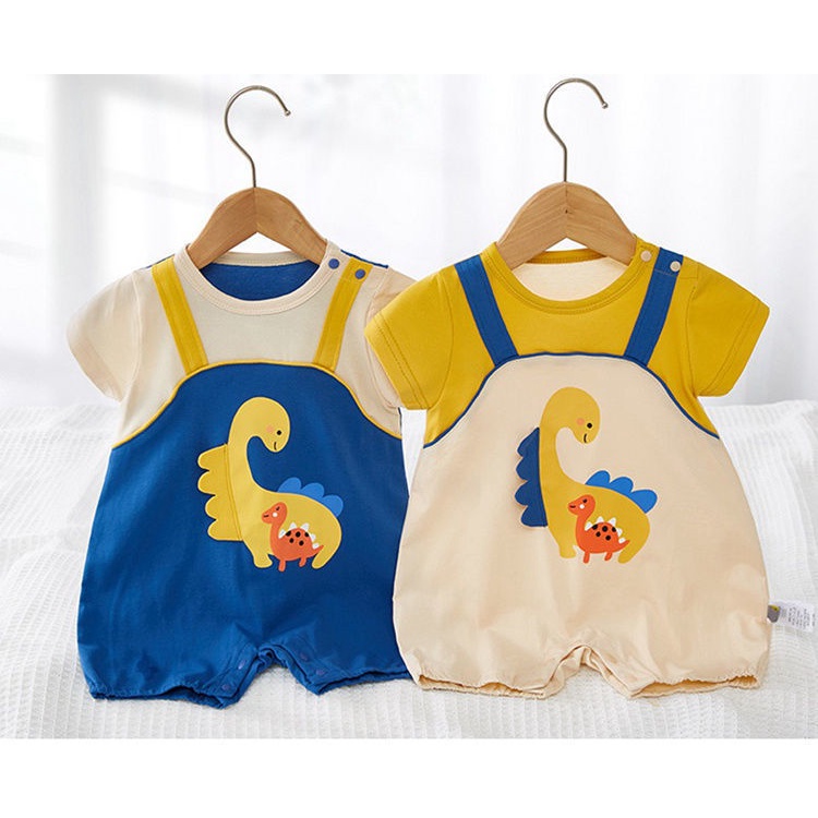 Áo Liền Quần Bằng Cotton Tay Ngắn In Hình Khủng Long Hoạt Hình Dành Cho Bé Trai Gái 0-18 Tháng Tuổi