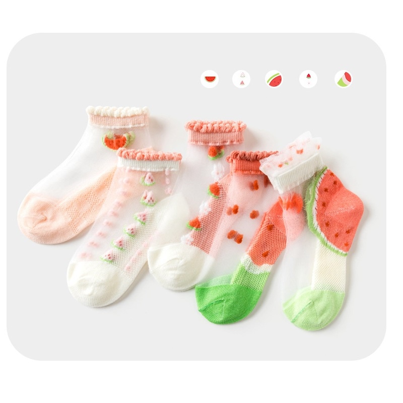 Set 5 Đôi Vớ Cotton Siêu Mỏng In Họa Tiết Trái Cây/Dưa Hấu Hoạt Hình Mùa Hè Cho Bé Gái Từ 1-12 Tuổi