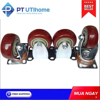 Bộ 4 bánh xe 10 cm đẩy hàng màu mận 2 xoay 360 độ, 2 đứng cố định dùng thay thế hoặc tự chế xe đẩy hàng PT UTIHOME