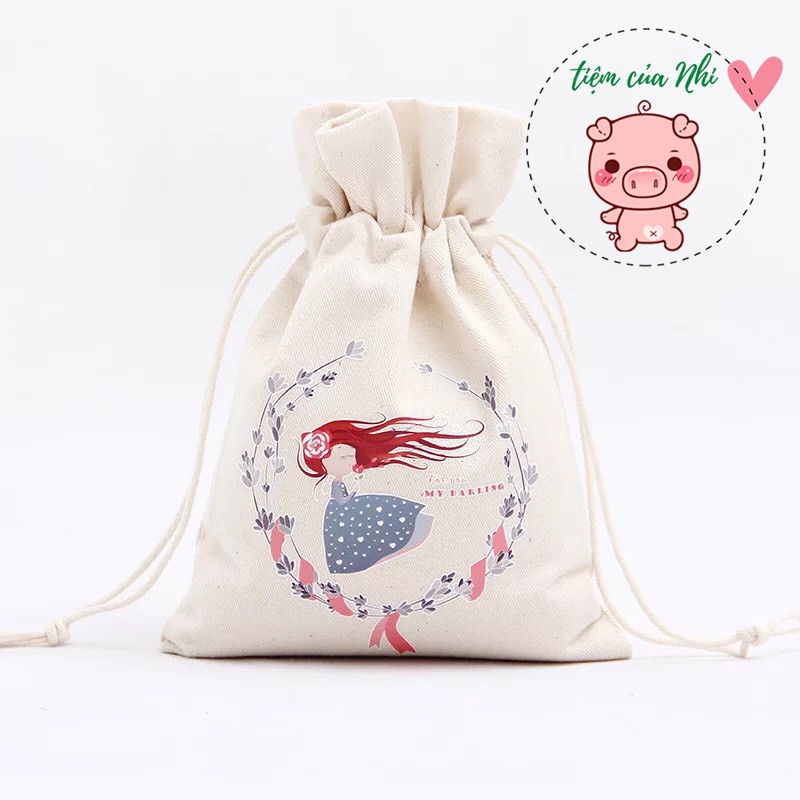 Túi vải dây rút mini cotton đựng đồ dùng cá nhân trang điểm in hình noel món quà giáng sinh 16X23CM Tiệm Của Nhi TVDR01