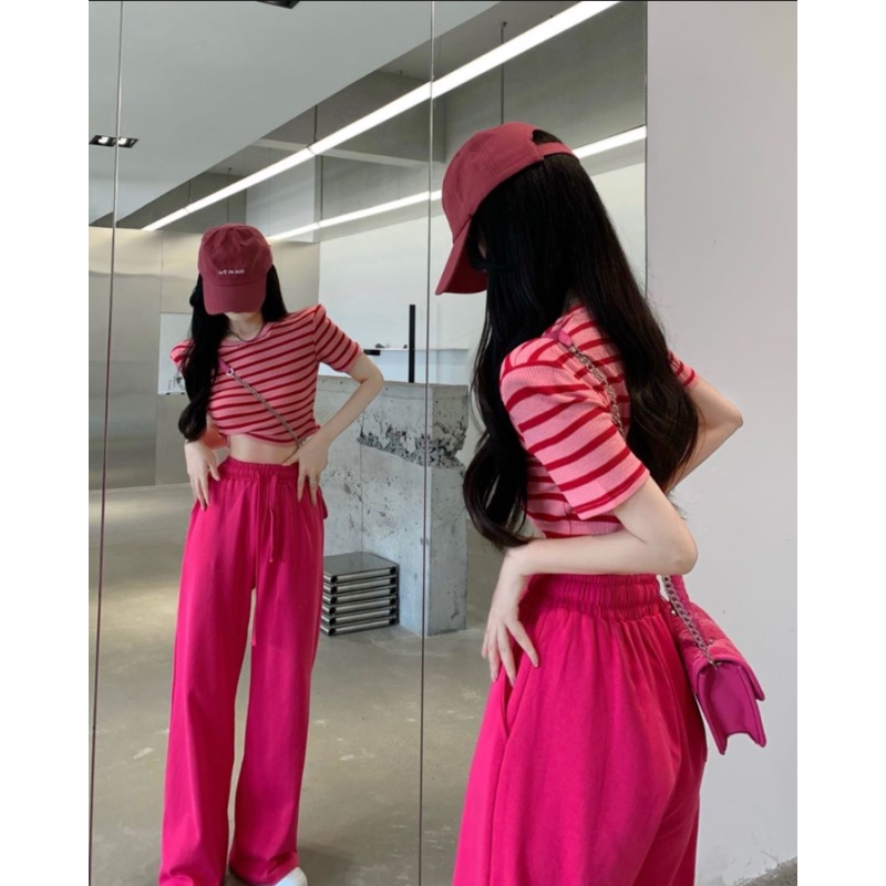 Set áo thun tay ngắn kẻ sọc phối quần dài thời trang mùa hè năng động (có bán lẻ)