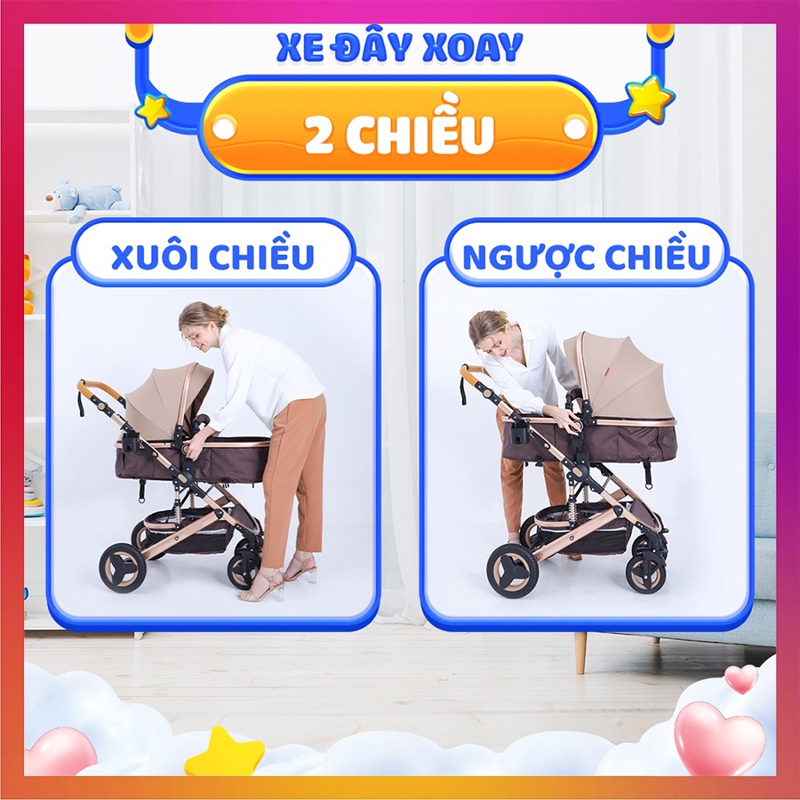 Xe đẩy nôi em bé gấp gọn đa năng Kawaii Home, Xe đẩy trẻ em sơ sinh 2 chiều với 9 tính năng tiện lợi cho mẹ & bé