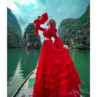 Set đầm voan Hàn màu đỏ phong cách bohemian thời trang