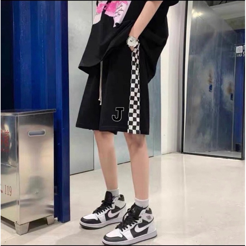 Quần Short Thun Unisex J LINE CARO màu ĐEN  Nam nữ unisex  Quần thun ngố lưng chun Jaystoree