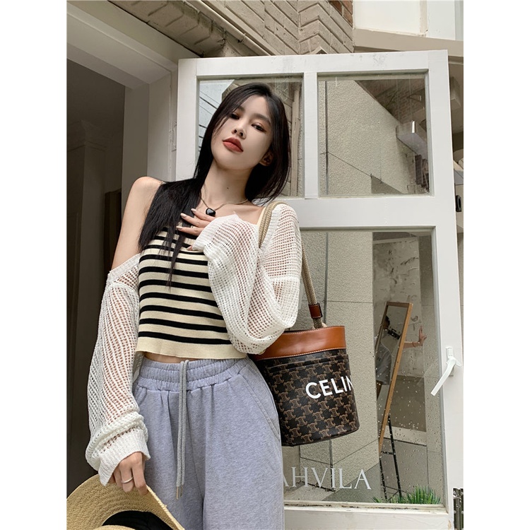 COZOK Bộ Áo Khoác cardigan Dệt Kim Chống Nắng + Áo Sát Nách Kẻ Sọc Cá Tính
