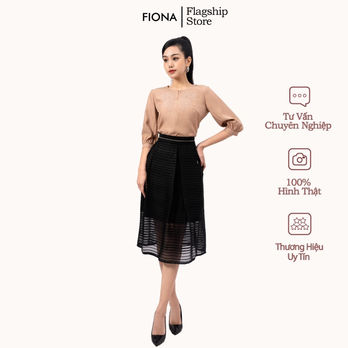 Áo sơ mi nữ tay lỡ, cổ tròn FIONA, sơ mi công sở thanh lịch, ngực thêu trang trí mã F550238