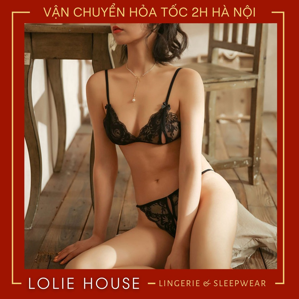 Bộ đồ lót ren sexy gợi cảm gồm quần lót nữ lọt khe xẻ đáy và áo lót bralette LOLIE HOUSE - SS7