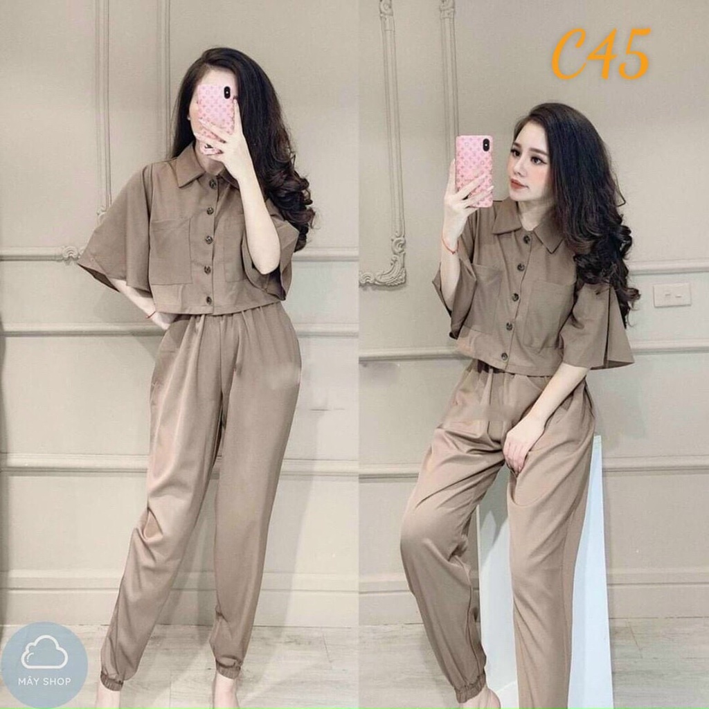 Sét bộ nữ áo cổ bẻ cài nút tay áo lửng from áo croptop kèm quần dài ống rộng bo chân cực chất, xịn xò cho nàng dạo phố