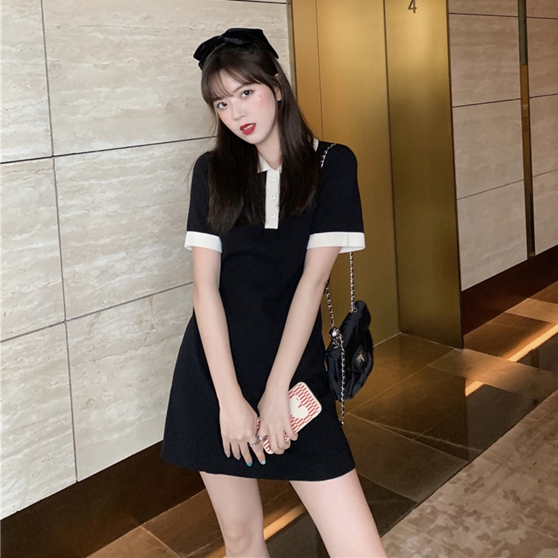 Đầm ZHELIHANGFEI dệt kim tay ngắn cổ polo phối màu trẻ trung cho nữ
