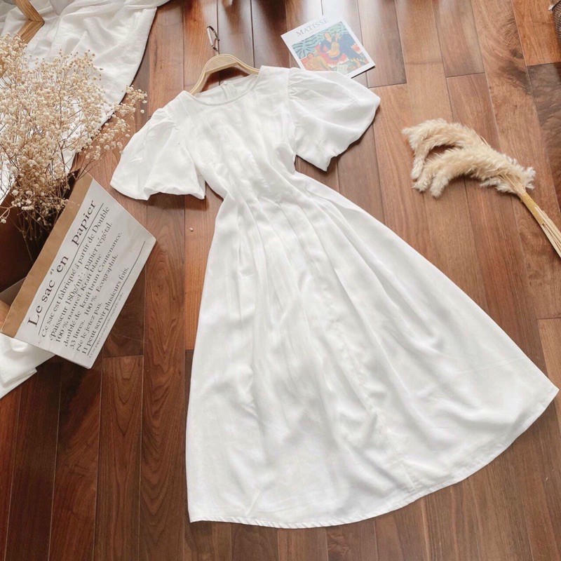 Đầm váy cổ tròn xếp li 4 màu