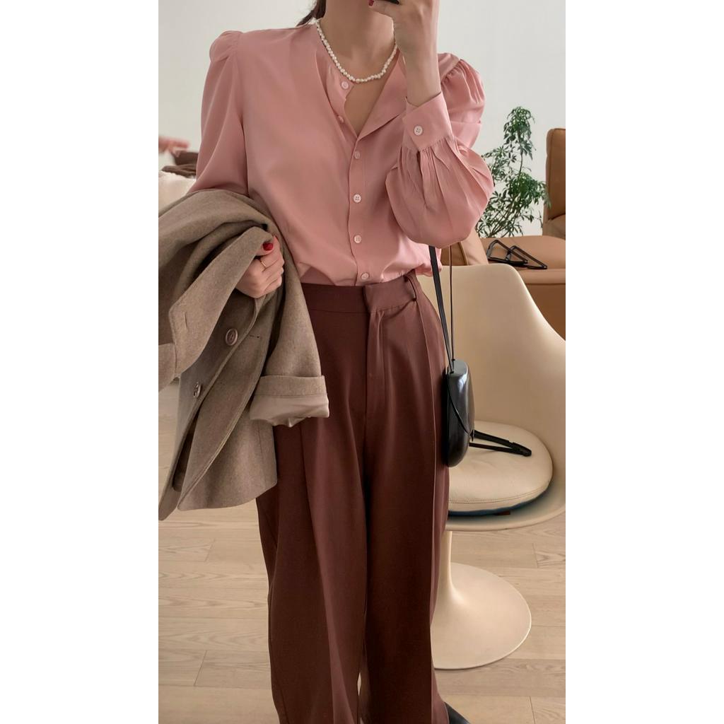 Áo Sơ Mi Tay Phồng Màu Hồng Phong Cách Hàn Quốc Xinh Xắn Cho Nữ