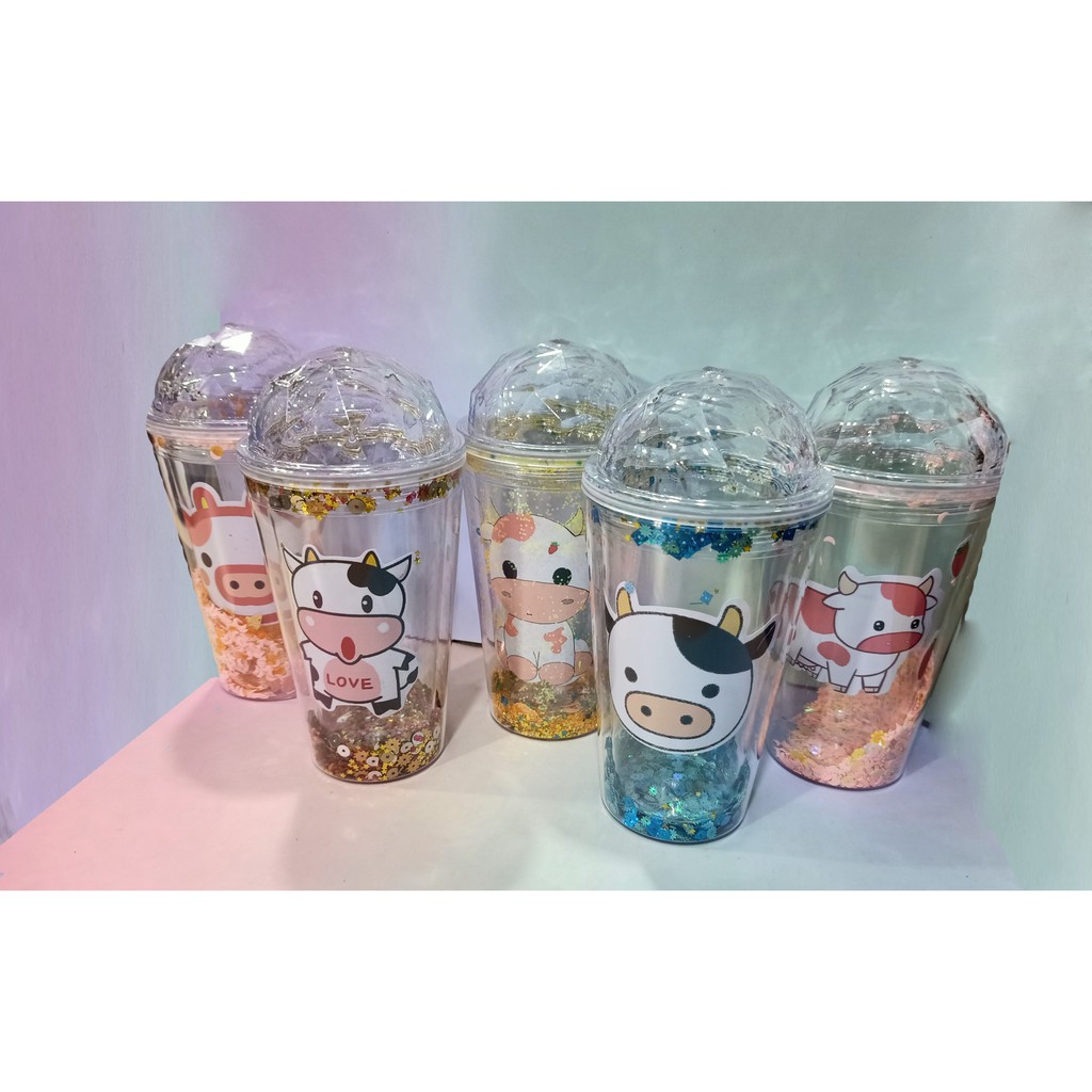 cốc 2 lớp bò sữa kim tuyến CNKI34 cốc giữ nhiệt ly 2 lớp cốc làm lạnh dễ thương 500ml