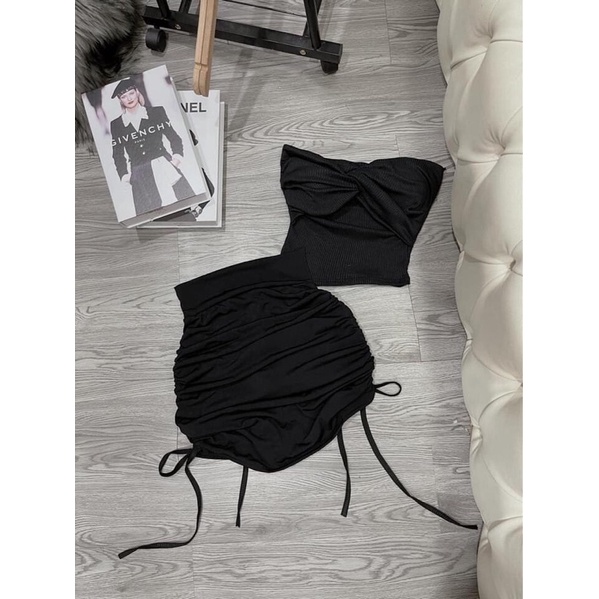Set áo xoắn ngực chân váy rút - áo ống xoắn ngực kèm chân váy dây rút 2 bên