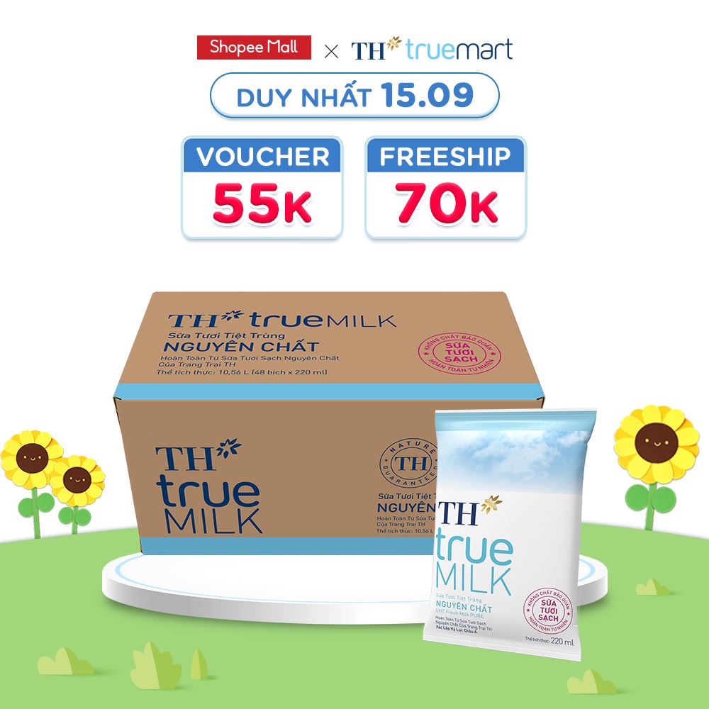 Thùng 48 bịch sữa tươi sạch nguyên chất TH True Milk bịch giấy 220ml (220ml x 48)