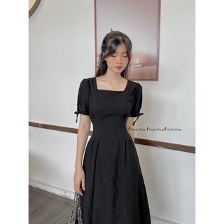 ĐẦM MIDI CỔ U XẾP LY EO TAY BỒNG