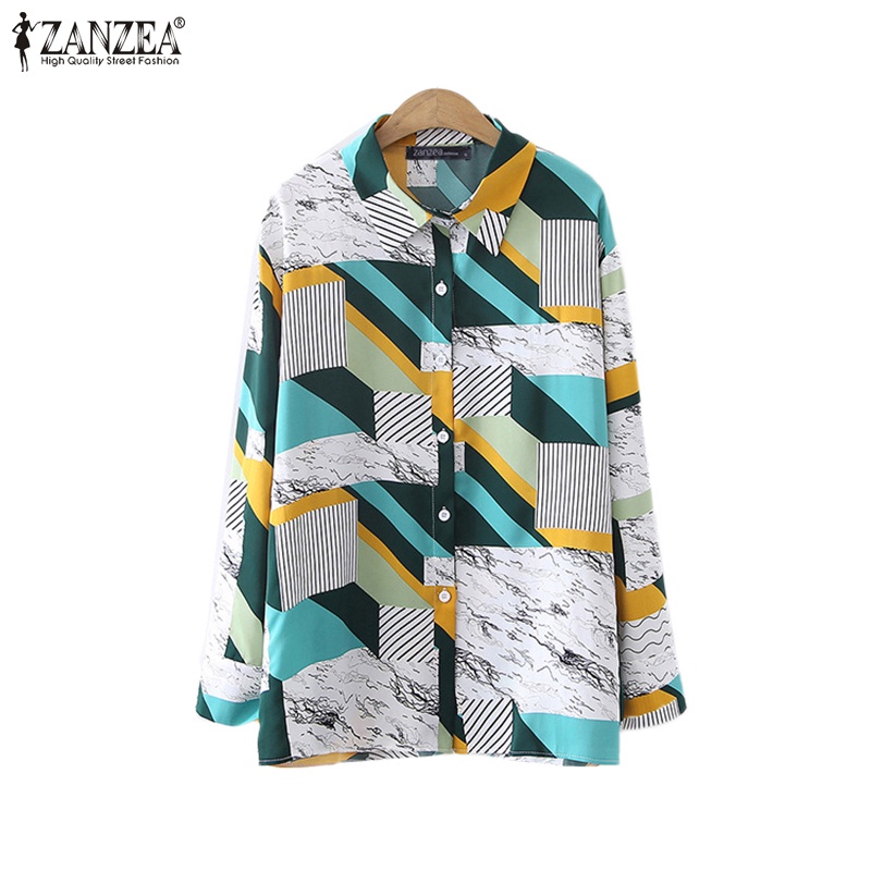 Zanzea Áo Sơ Mi Tay Dài Cổ Bẻ In Họa Tiết Hình Học Màu Tương Phản Thời Trang Cho Nữ