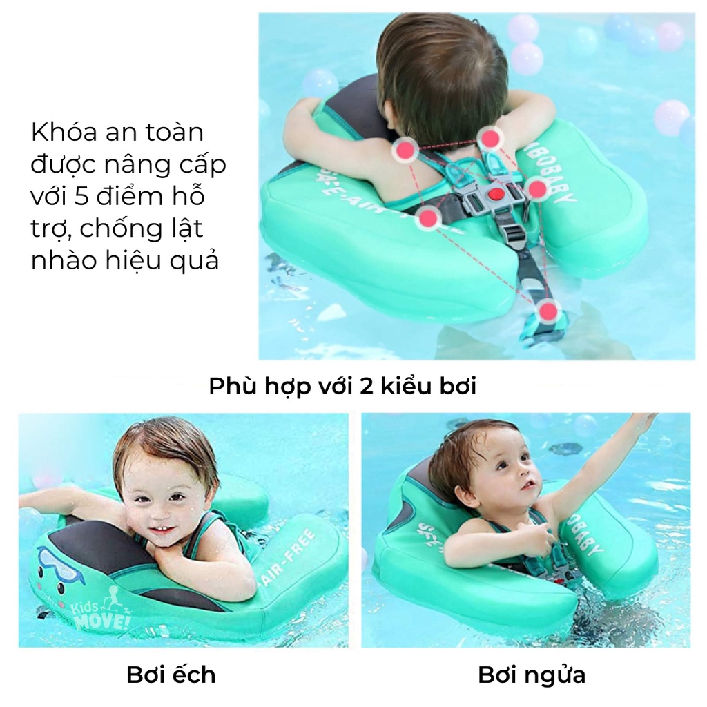 Phao bơi ngực Mambobaby cho bé sơ sinh 3 tháng 1 2 tuổi có mái che, không bơm hơi, chống lật, ruột đặc chính hãng