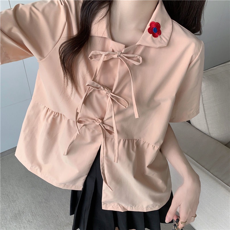 Áo Sơ Mi Cổ Búp Bê Tay Ngắn Thắt Dây Thời Trang Mùa Hè Mới Cho Nữ