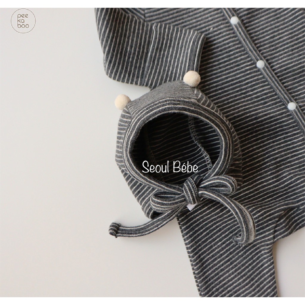 Set jumpsuit liền bàn kèm mũ bông bộ kẻ Tata Peekaboo thu đông cho bé 3-11kg