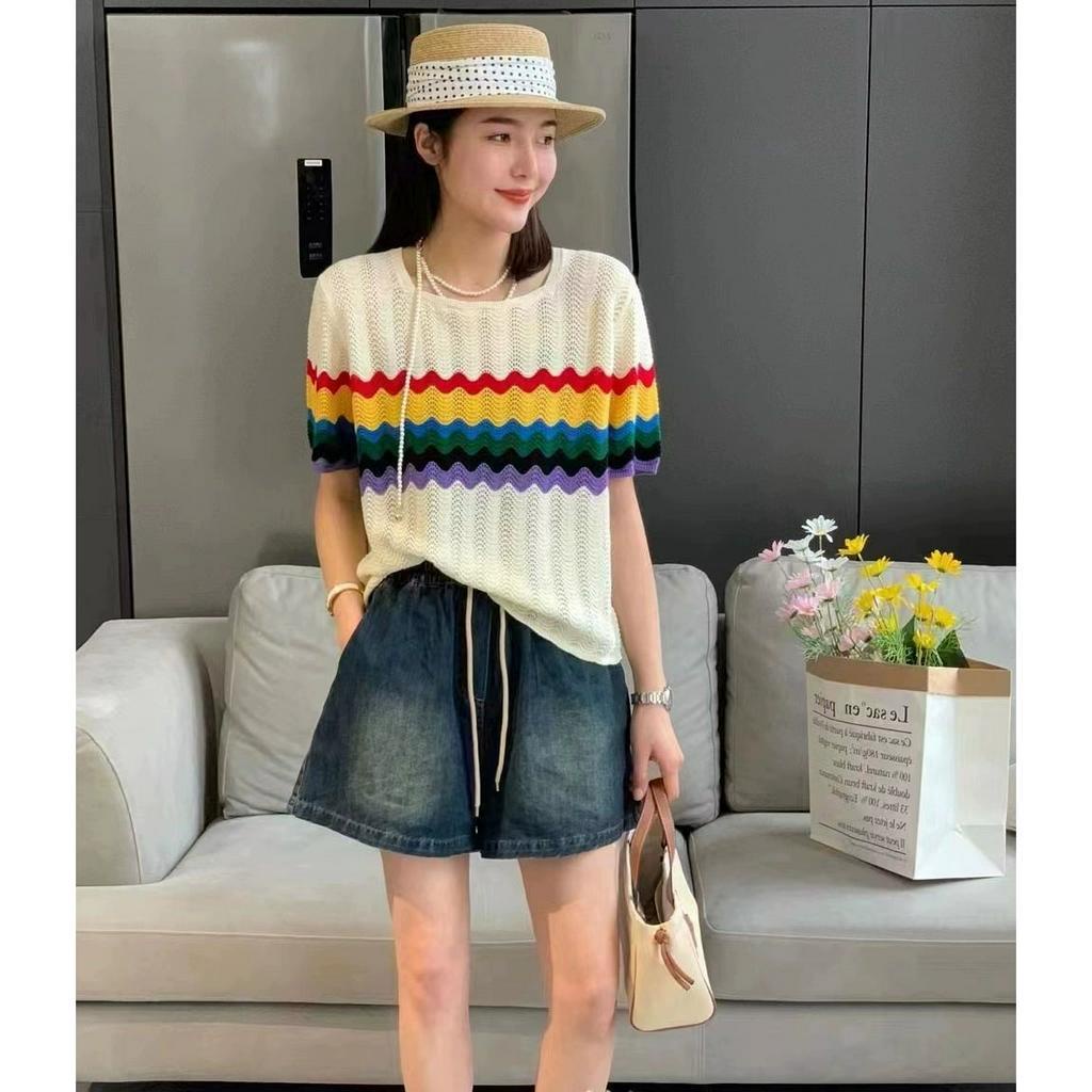 ZHELIHANGFEI Áo Dệt Kim Mỏng Tay Ngắn Dáng Rộng Họa Tiết Gợn Sóng Nhiều Màu Sắc Thời Trang Mùa Hè Cho Nữ