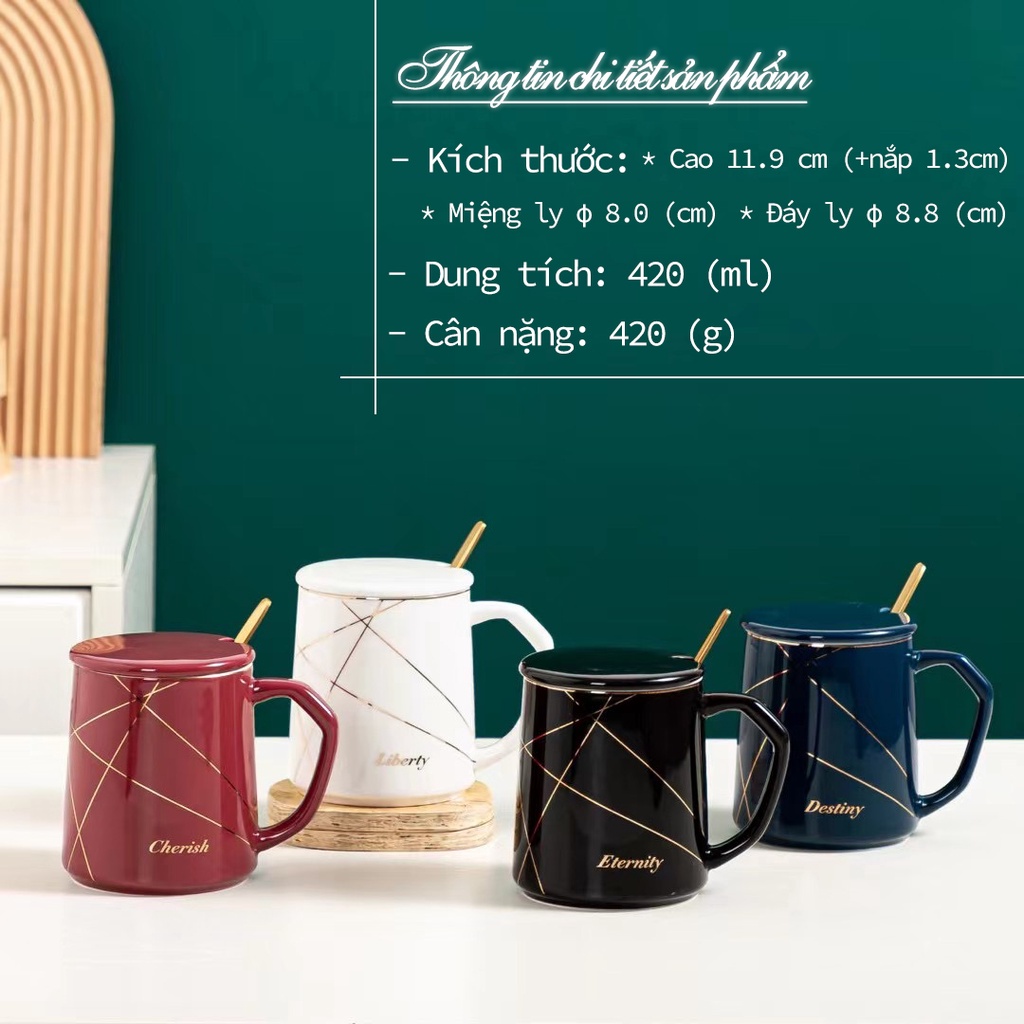 Ly Cà Phê Văn Phòng, Cốc Sứ in Hình Hoa Văn Cổ Điển 420ml Có Nắp Đậy SP051