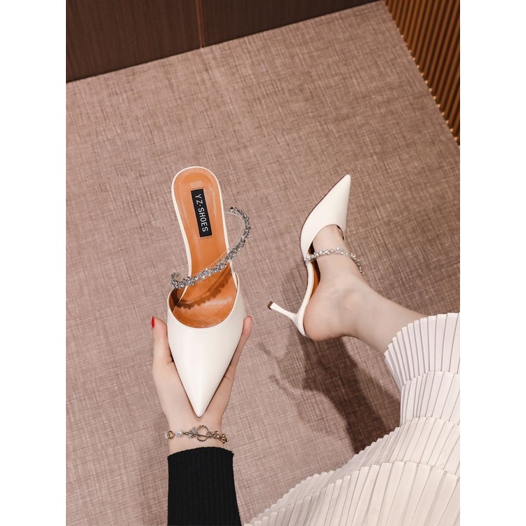 Giày cao gót mũi nhọn màu trắng thời trang mùa hè 2022 cổ tích nhẹ nhàng cho nữ